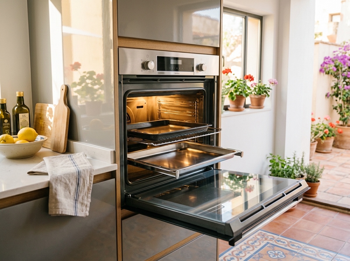 Interior de un horno de cocina doméstico limpio y brillante con la puerta de cristal abierta