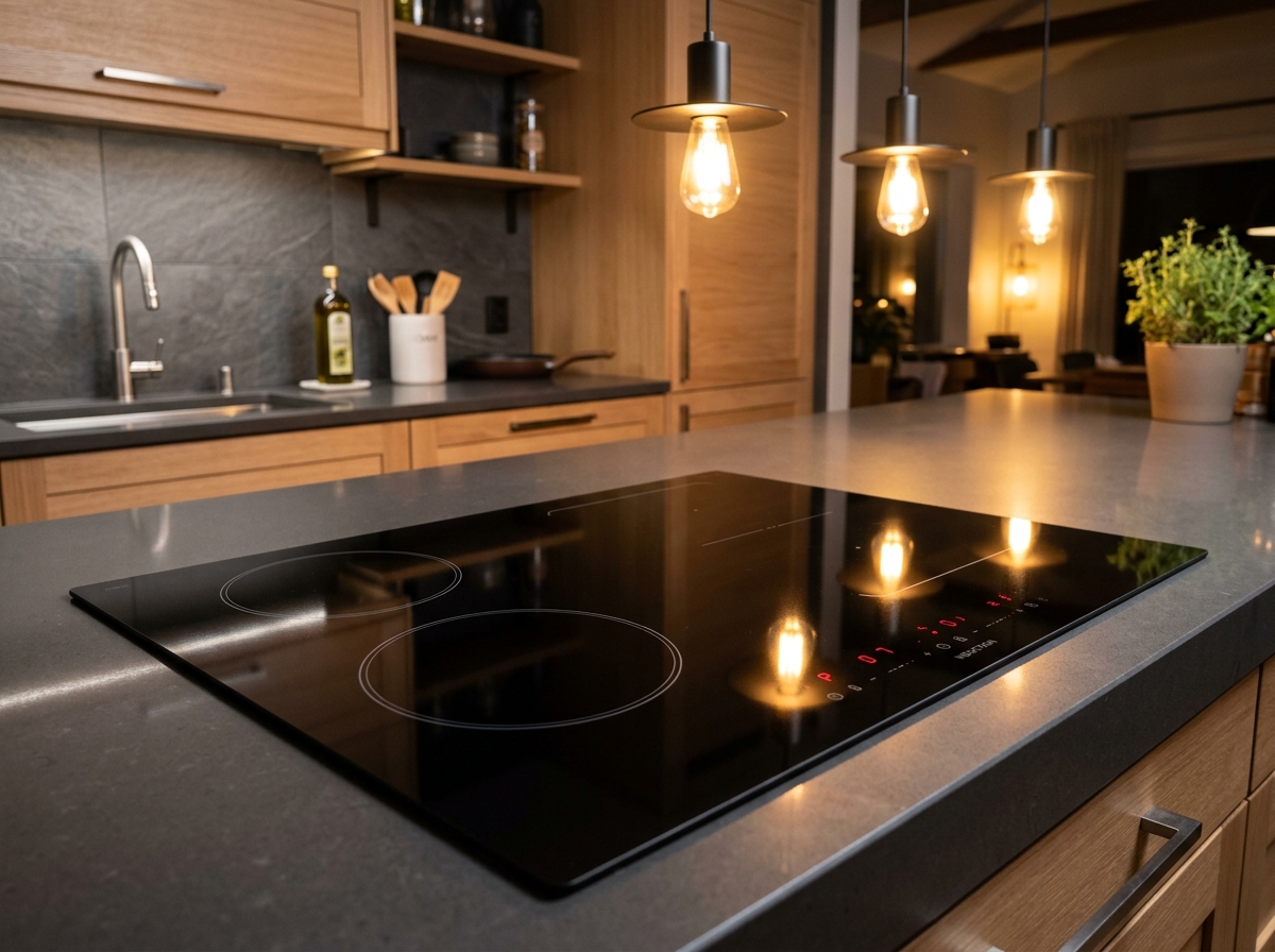 Placa vitrocerámica de cocina negra brillante e impecable sin arañazos ni grasa quemada